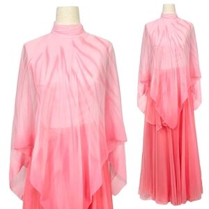 1970s Vintage Formal Dress 70s Pink Maxi Chiffon Flutter Sleeves Zebra Stripe XS